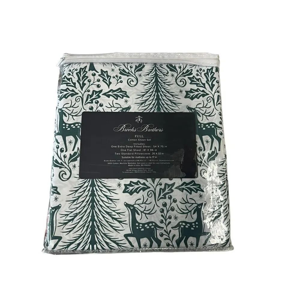 Brooks Brothers Holiday Christmas Print 100% Cotton Full Sheet Set White Green